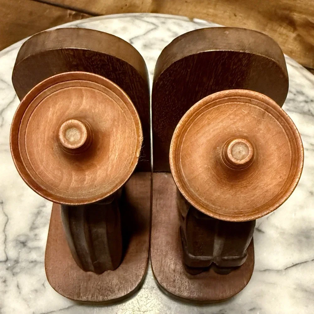 VTG 50s 60s MCM Wood Wooden Mexican Sombrero Male Female 4" Bookends Mexico - Picture 3 of 8